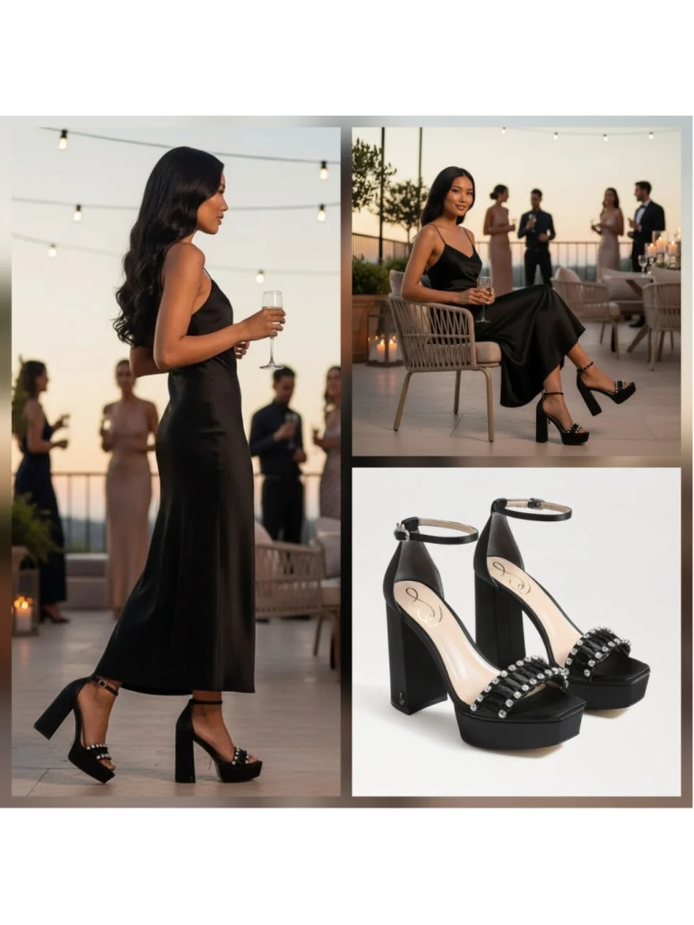 Sam Edelman Ninette Crystal Rhinestones Pleated Block Heels 7.5 M Black Satin